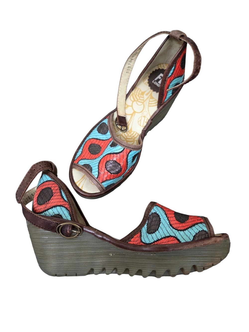 FLY London YEJI Geometric Woven Platform Wedge Sandals EU 36